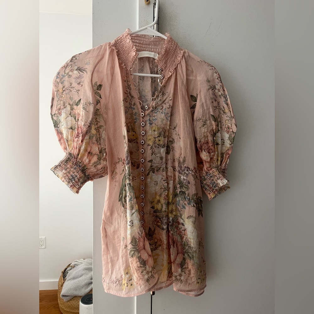 Zimmermann Pink Floral Blouse with Smocked Sleeves Size 0